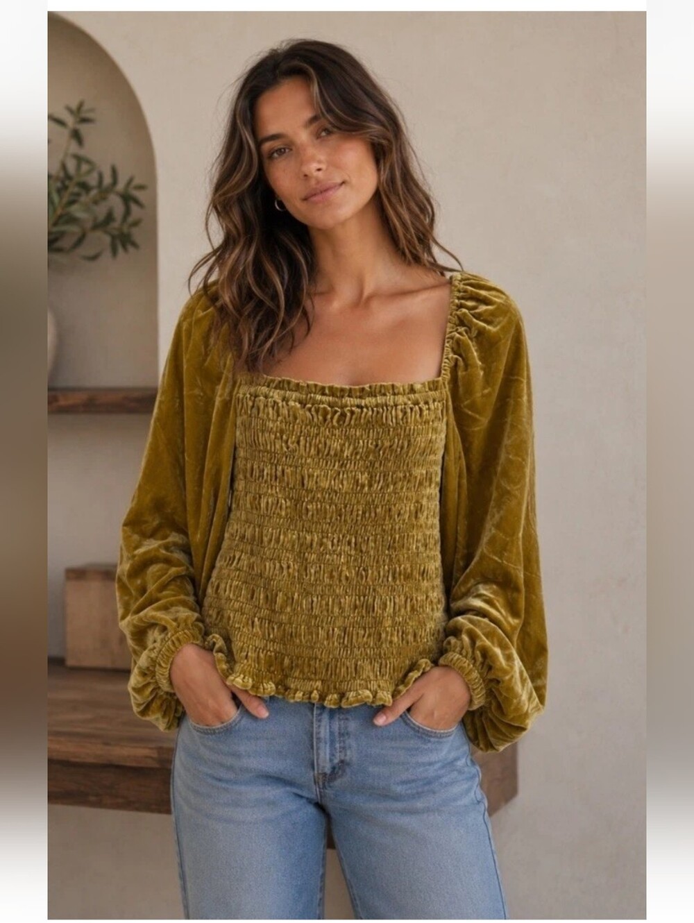 Anthropologie Smocked Velvet Blouse Top M